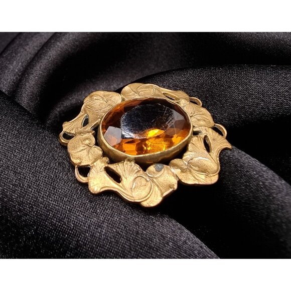 Antique Early 20th Century Gold-Tone Brooch With Amber Oval Glass Stone & Floral - Picture 3 of 6